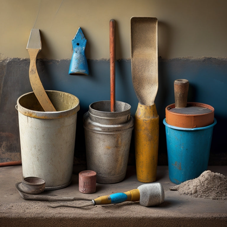 A close-up composition featuring a worn, gray concrete foundation with cracks and crumbling areas, surrounded by five prominently displayed, rusty yet sturdy repair tools: a trowel, a chisel, a scraper, a drill, and a mixing bucket.