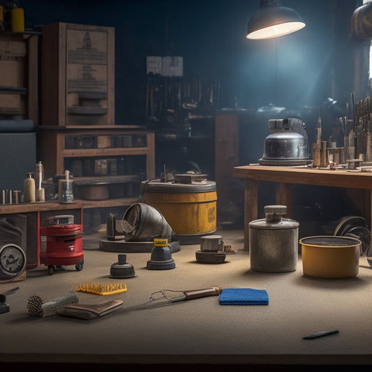 A well-lit, clutter-free workshop with a variety of polishing tools and accessories, including grinders, polishers, and diamond pads, arranged on a concrete surface, surrounded by sparks and dust particles.