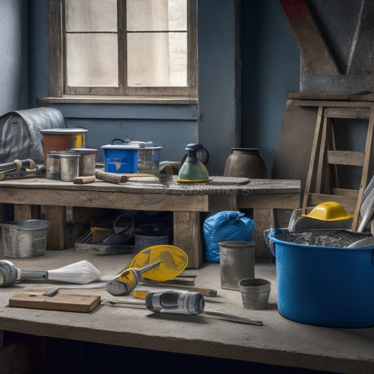 A cluttered workbench with various DIY tools, including a trowel, edger, float, and level, surrounded by concrete mix bags, buckets, and a partially finished concrete project in the background.