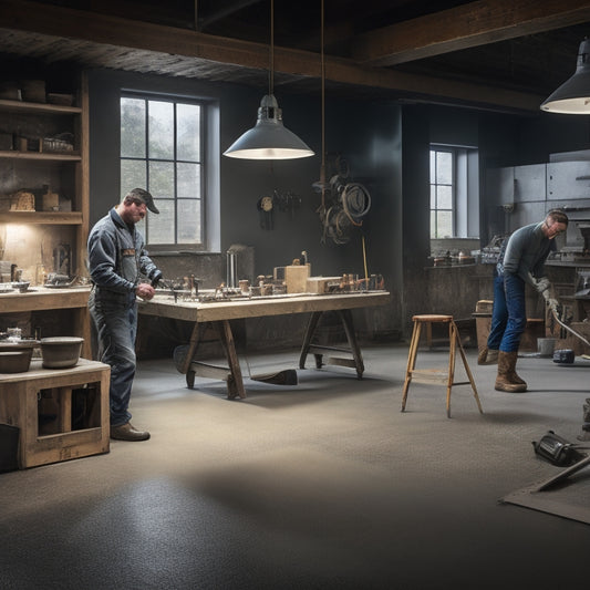 A well-lit, modern workshop with a polished concrete floor, featuring a trowel, edger, grinder, and other tools scattered around, with a subtle reflection of a skilled craftsman in the background.