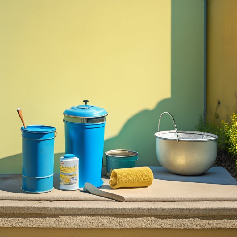 A worn, exterior concrete block wall with peeling paint, beside a table with a roller extension pole, paint cans, a putty knife, a wire brush, and a bucket, on a sunny day with a subtle hint of a suburban neighborhood.