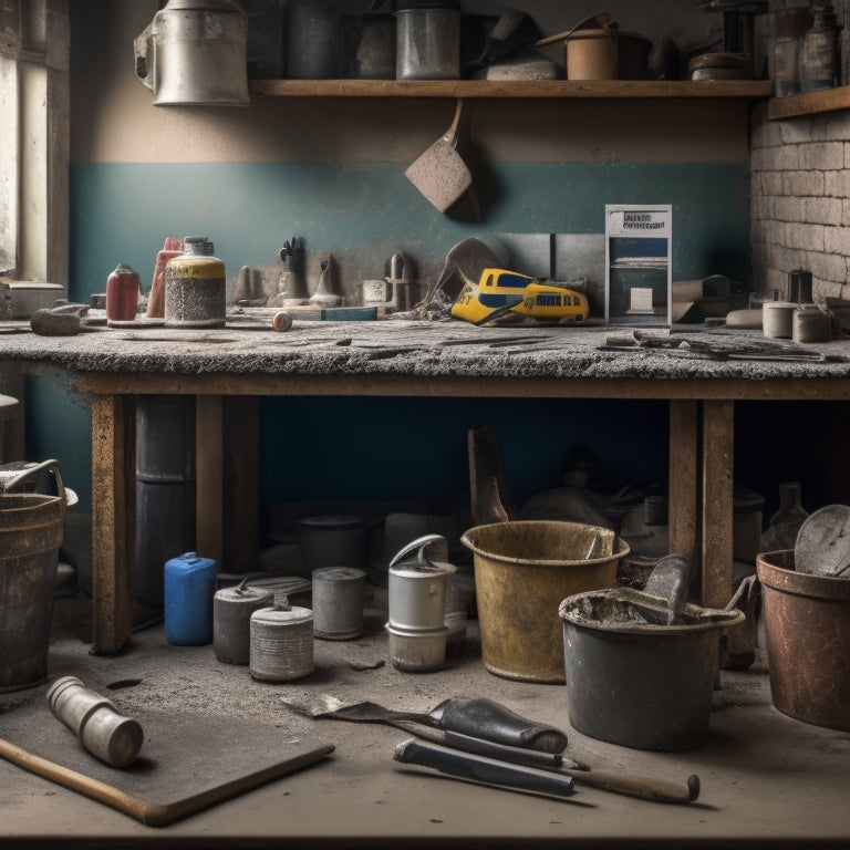 A cluttered workbench with a cracked concrete wall in the background, surrounded by scattered DIY concrete repair tools, including a trowel, mixing bucket, and safety goggles.