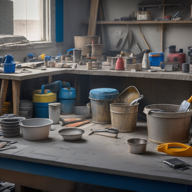 A cluttered workbench with various grouting tools scattered around a concrete block with cracks, surrounded by mixing buckets, trowels, and a level, with a blurred background of a construction site.