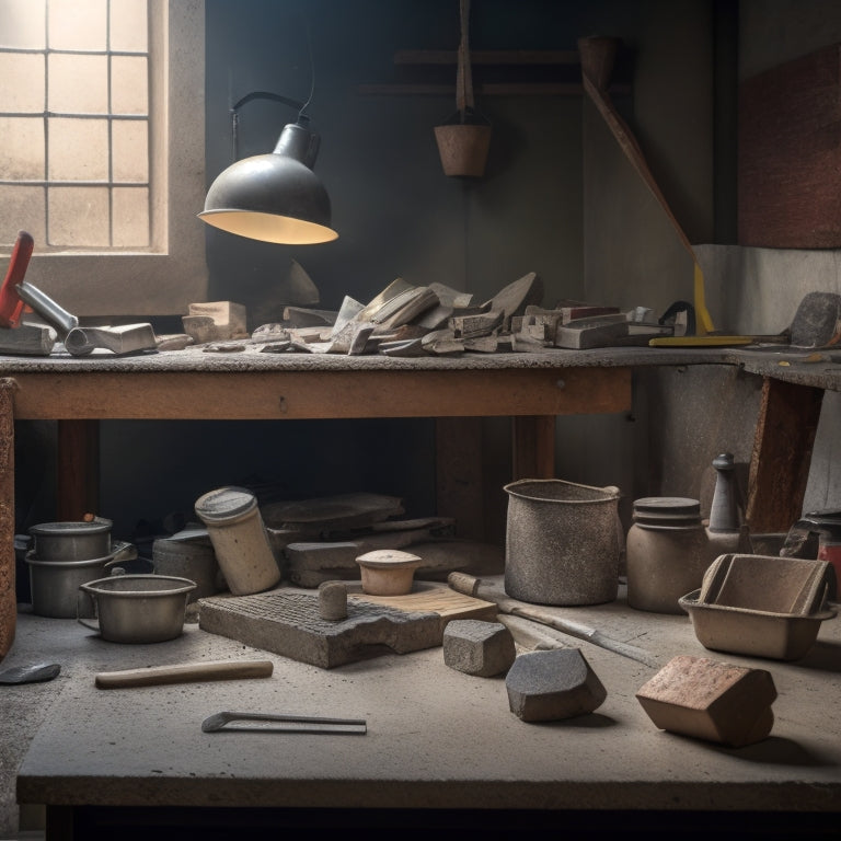 A cluttered workbench with concrete blocks, a trowel, level, hammer, chisel set, jointer, and a mixing bucket, surrounded by scattered mortar and a few stray blocks in the background.