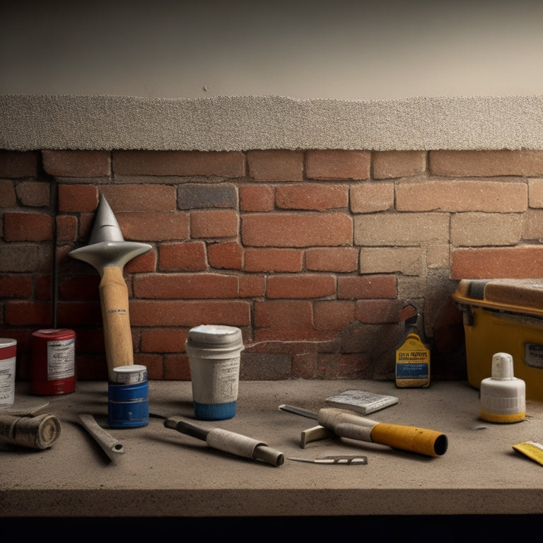 A cracked and worn concrete block wall with various repair tools scattered in front of it, including a trowel, level, and caulk gun, surrounded by a faint grid of repair lines and patches.