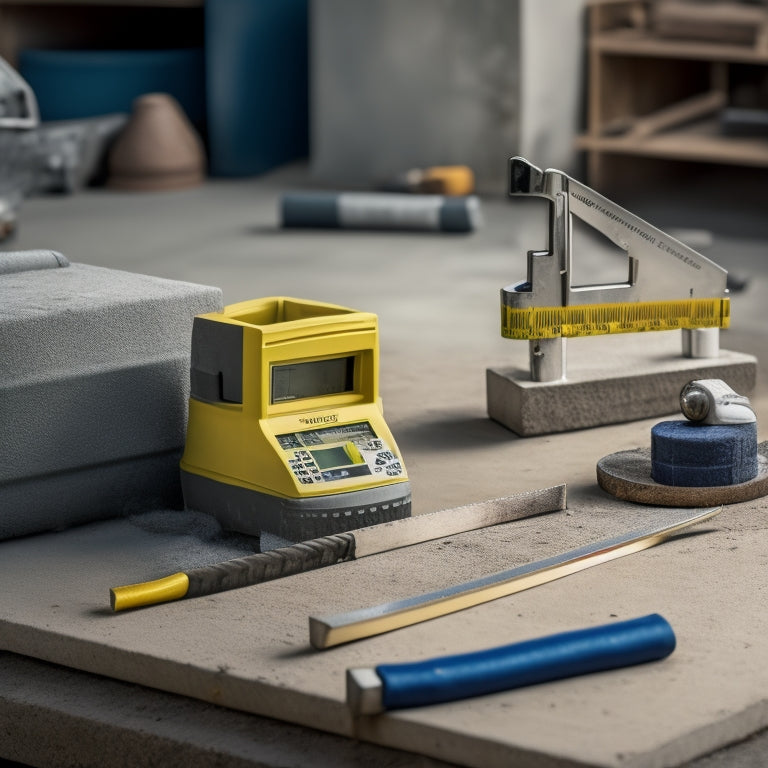 An image depicting a concrete block with calipers, micrometer, and tape measure laid beside it, with a subtle background of a construction site or workshop.