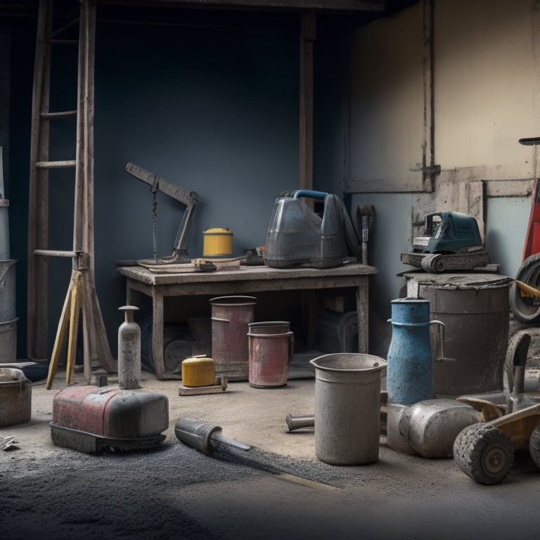 A cluttered workshop background with various concrete repair tools and equipment scattered around, including a drill, trowel, scraper, mixer, and safety gear, with a faint concrete mixer truck silhouette in the distance.