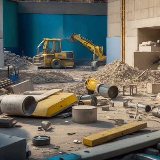 A messy construction site with concrete blocks scattered around, a few partially cut blocks in the foreground, and various tools like circular saws, diamond blades, and demolition hammers nearby.