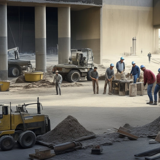 A cluttered construction site with scattered tools and debris, transitioning to a tidy area with organized tools and a few workers in the background, with a prominent concrete mixer and a swept floor.