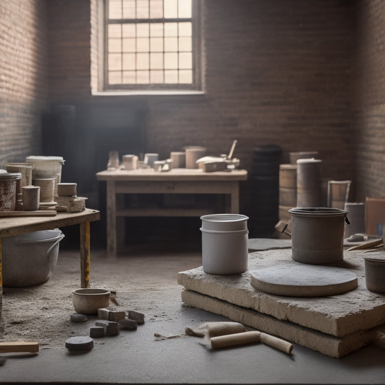 A cluttered workshop table with a level, trowel, joint spacers, mixing bucket, and a stack of concrete blocks, surrounded by scattered mortar and dust, with a faint outline of a brick wall in the background.