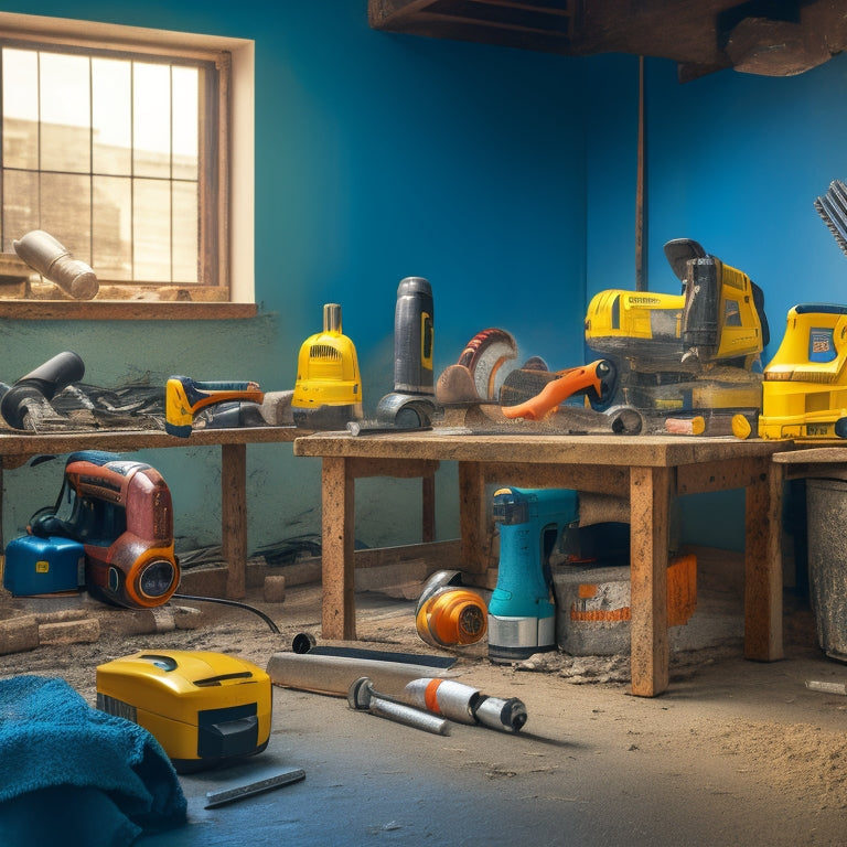 A cluttered workbench with various power tools, including a rotary hammer, demolition saw, and angle grinder, surrounded by concrete blocks, dust, and scattered tools, with a blurred background of a construction site.