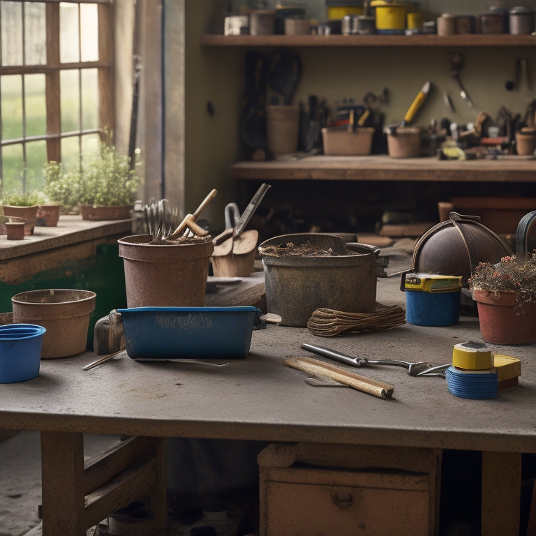 A cluttered workbench with a partially built concrete planter, surrounded by scattered tools including a trowel, mixing bucket, level, and wire cutters, with a blurred background of a workshop or garage.