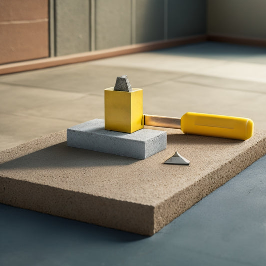 An illustration of a mason's square, level, and trowel lying on a freshly laid concrete block wall, with a spirit level and a block spacer nearby, set against a clean, gray concrete background.