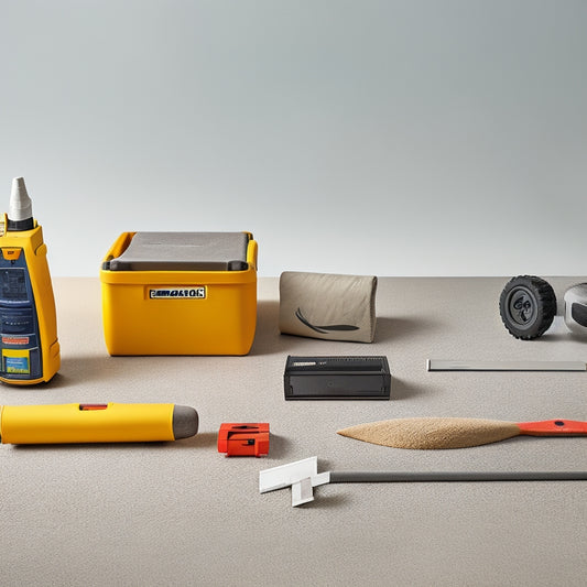 A concrete wall with a slight incline, surrounded by various leveling tools: a spirit level, a laser level, a tamping tool, a screed board, and a bag of self-leveling compound, on a clean, gray background.