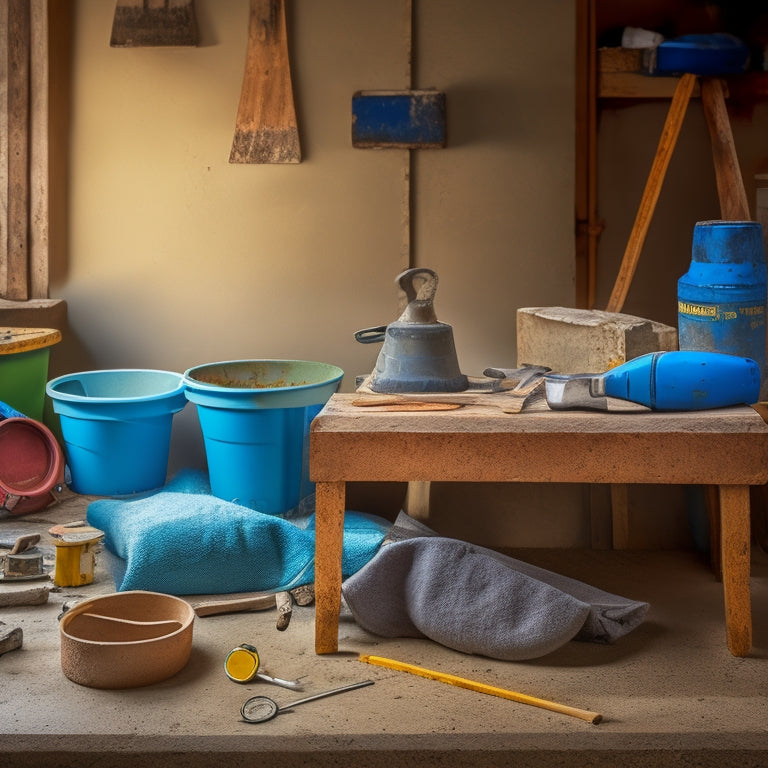 A cluttered workshop table with various DIY concrete tools, including a mixing bucket, trowel, level, jointer, and safety goggles, surrounded by scattered concrete mix bags and a half-finished concrete planter.