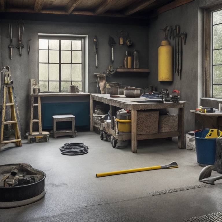 A tidy workshop with a concrete floor, surrounded by organized tools and a few decorative concrete overlay samples, with a prominent hammer and trowel placed in the center.