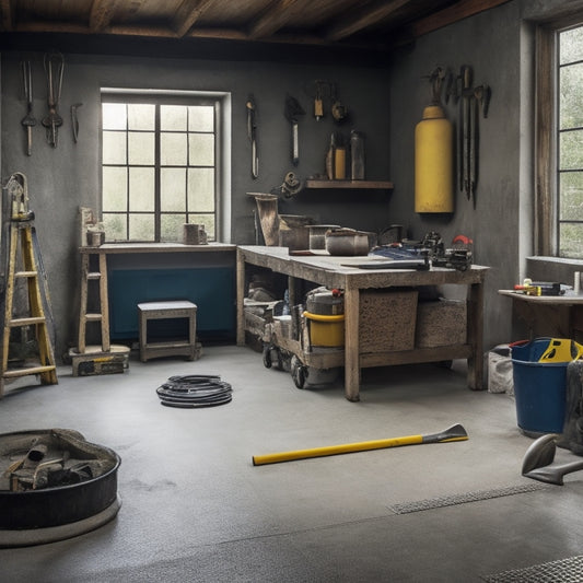 A tidy workshop with a concrete floor, surrounded by organized tools and a few decorative concrete overlay samples, with a prominent hammer and trowel placed in the center.