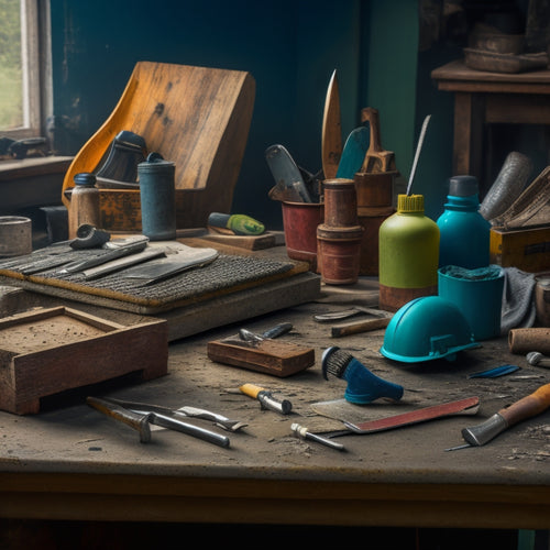 A cluttered workbench with various handheld tools scattered across it, including a hammer, trowel, scraper, chisel, and utility knife, surrounded by concrete fragments and repair materials.