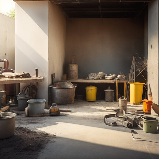 A messy construction site with a partially built concrete wall, surrounded by various tools and equipment, including a cement mixer, trowels, levels, and safety gear, in a warm, sunny lighting.