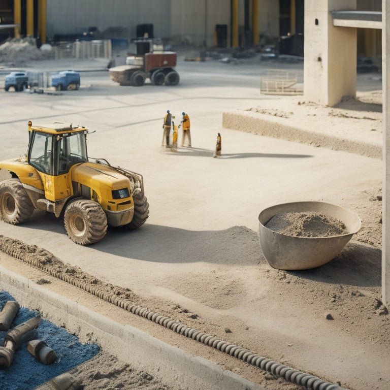 A cluttered construction site with a mixer, shovel, trowel, level, and safety gear scattered around a freshly poured concrete slab, with a faint grid pattern of freshly laid finishing lines.