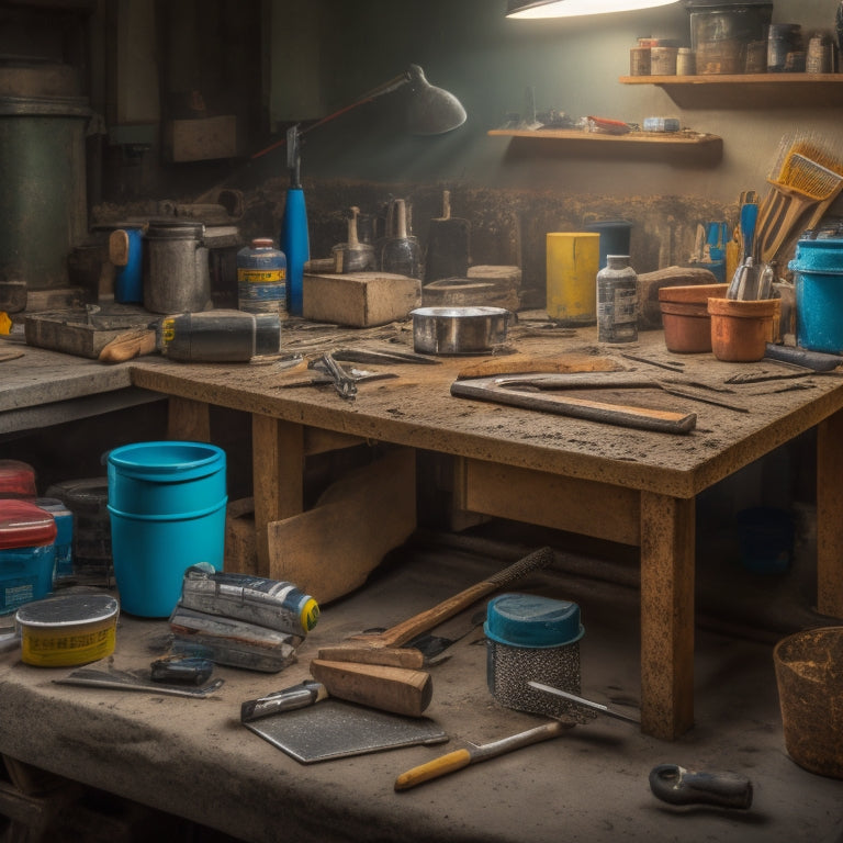 A cluttered workbench with a cracked concrete slab in the background, surrounded by essential tools like a caulk gun, chisel, wire brush, and concrete patching compound containers.