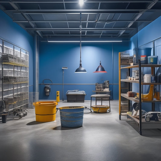 A well-lit, modern industrial-style room with a polished concrete floor, surrounded by various sealing tools and products, including a roller extension pole, bucket, and applicator pads, arranged in a neat and organized manner.