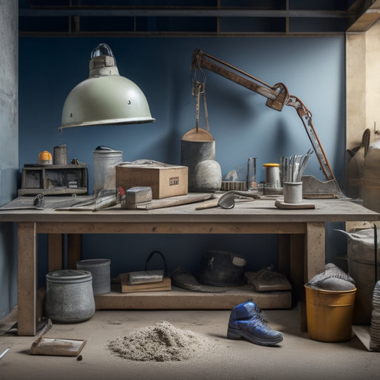 A cluttered workstation with a concrete mixer, trowels, level, and safety gear surrounded by blueprints, with a partially built concrete wall in the background, featuring rebar and freshly poured concrete.