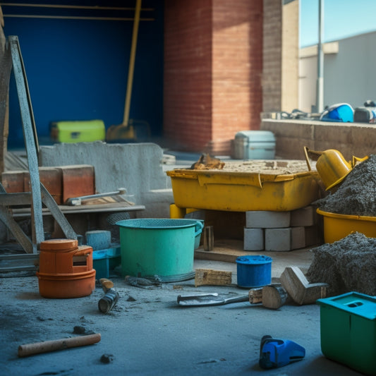 A messy construction site with scattered concrete blocks and broken tools in the foreground, contrasted with a clean and organized workspace in the background featuring a variety of sharp, well-maintained concrete block cutting tools.