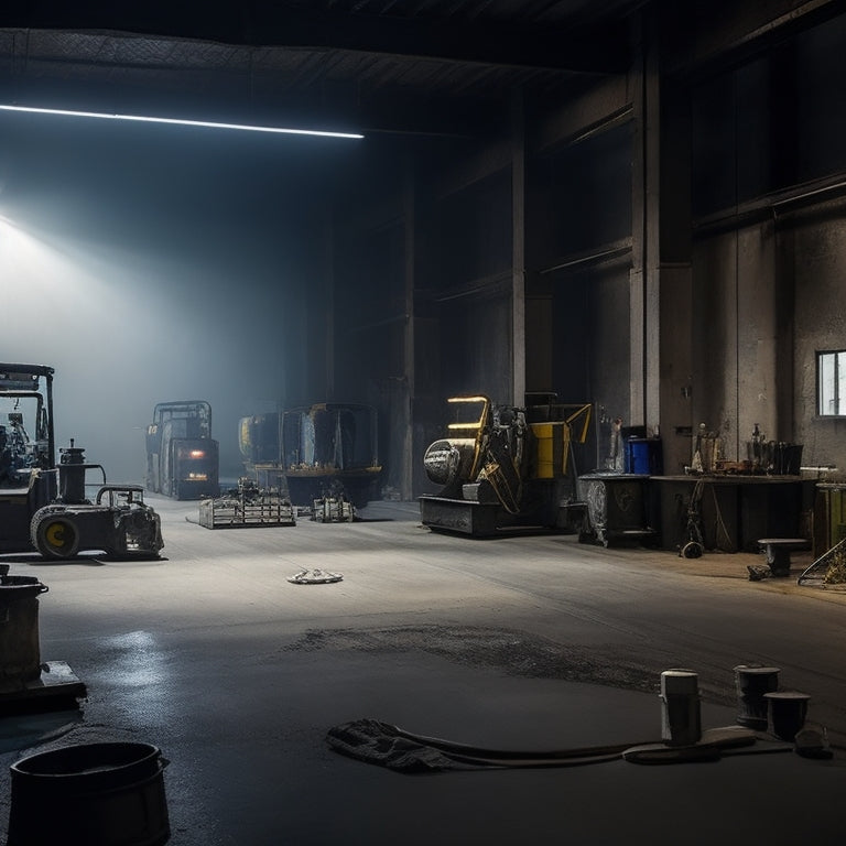 A darkened warehouse with concrete floors, illuminated by a single overhead light, featuring various commercial concrete grinding machines, tools, and equipment scattered around the room.