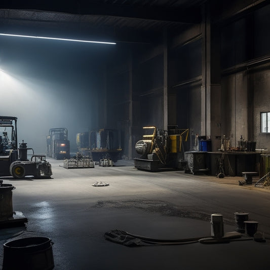 A darkened warehouse with concrete floors, illuminated by a single overhead light, featuring various commercial concrete grinding machines, tools, and equipment scattered around the room.