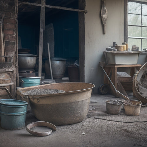 A cluttered workshop background with a variety of concrete mixing tools scattered about, including a rusted wheelbarrow, a shovel with a worn wooden handle, and a power mixer with a twisted cord.