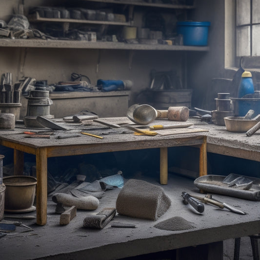 A cluttered workbench with concrete blocks, trowels, chisels, and a level, surrounded by scattered construction dust and worn gloves, with a faint hint of a repair project in the background.