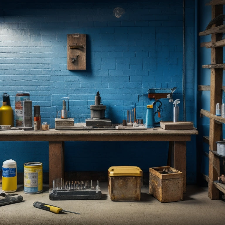 A clutter-free workshop with a concrete block wall in the background, featuring a variety of coatings tools arranged neatly on a workbench, including rollers, brushes, and spray guns.