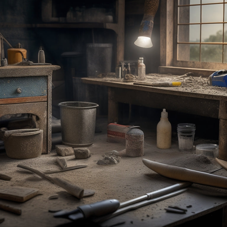 A dusty workbench cluttered with various texturing tools, including a fresno trowel, edger, and float, surrounded by swirled patterns of wet concrete and scattered aggregate particles.