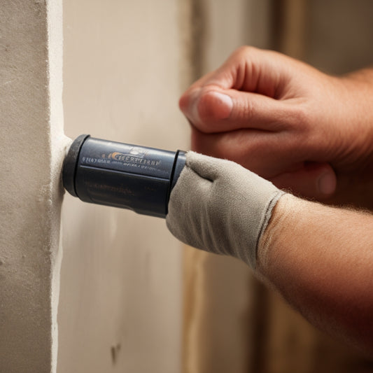 A close-up of a person's hands holding a caulk gun, with a tube of concrete sealant and a hairline crack in a concrete wall blurred in the background.