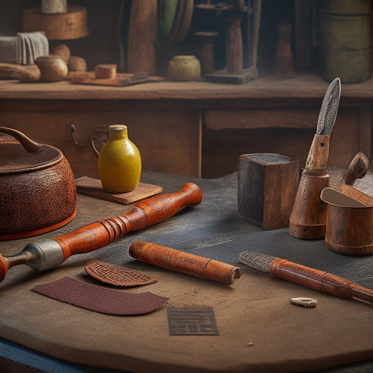 A rustic, well-lit workshop background with three prominently displayed stamping tools: a textured trowel with a worn wooden handle, a checkerboard-patterned stamp, and a curved, ornate border stamp.