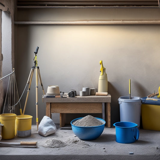 Illustrate a neatly organized workspace with a concrete mixer, trowels, spirit levels, jointers, and a masonry saw, surrounded by concrete blocks, sand, and cement bags.