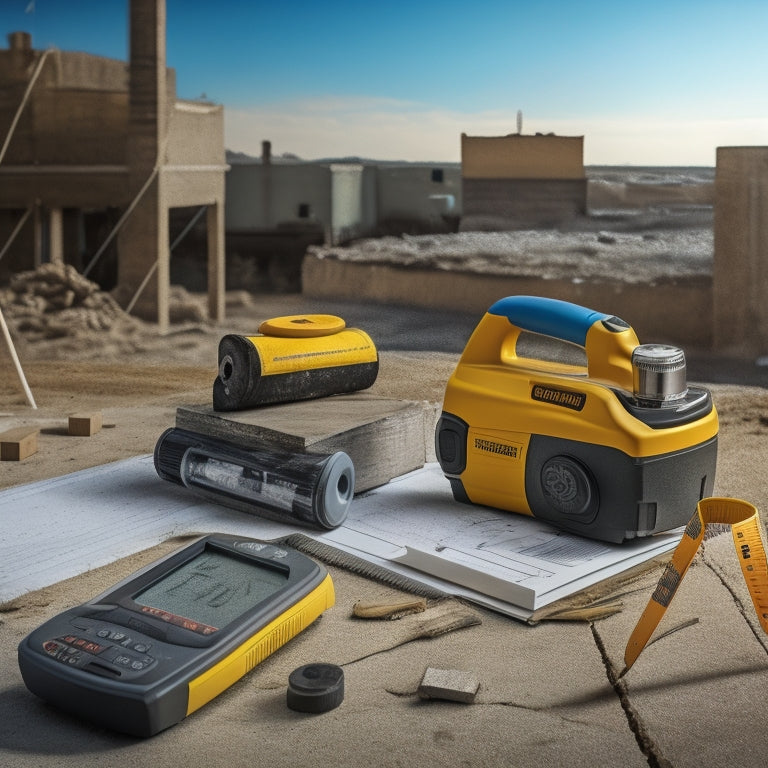 Generate an image depicting a concrete inspector's toolkit: a hammer, tape measure, level, infrared thermometer, and crack detection microscope laid out on a concrete surface with a partially demolished building in the background.