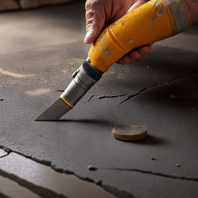 A close-up of a person's hands holding a concrete crack repair tool, with a masonry chisel, caulk gun, and patching compound nearby, set against a blurred background of a cracked concrete floor.