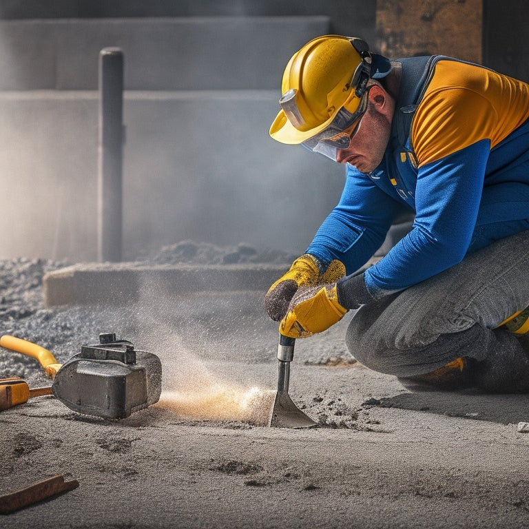 An image depicting a person wearing safety goggles and gloves, operating a hydraulic splitter on a cracked concrete block, with a maul and chisels scattered in the background.