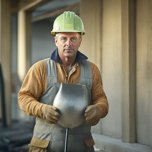 A photograph of a person in a hard hat and vest, holding a handheld concrete mixer and standing in front of a partially built concrete wall with steel rebar and wooden formwork.