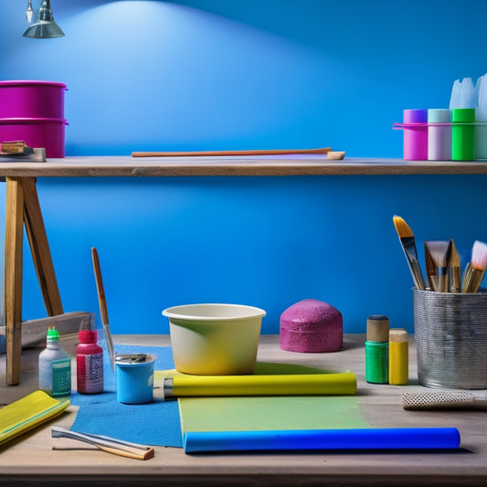 A colorful, well-organized workspace featuring a partially painted concrete block, paintbrushes of varying sizes, a paint roller with extension pole, a paint tray, and a drop cloth, all on a wooden table.