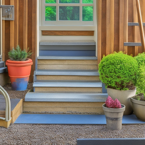 A photograph of a completed concrete step project at a residential home, showcasing a variety of finishing tools, including trowels, edgers, and jointers, arranged artfully around the steps.