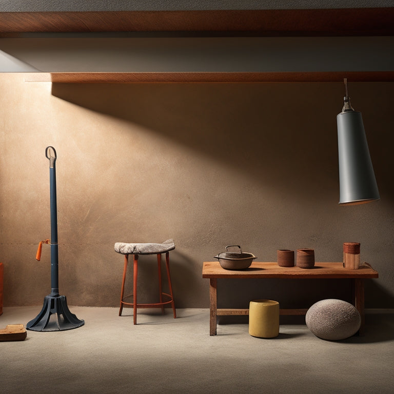 A well-lit workshop backdrop with a freshly finished concrete wall as the central focus, surrounded by a trowel with a smooth, curved blade, a float with a wooden handle, and a level with a sturdy aluminum frame.