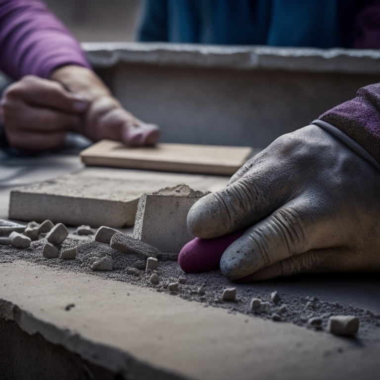 A close-up image of a person's hands holding a trowel, surrounded by concrete blocks with cracks and damaged areas, with a variety of repair tools and materials scattered around.