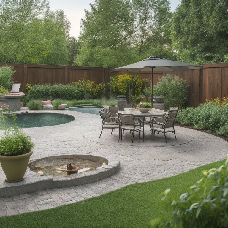 A serene backyard scene featuring a newly constructed concrete block patio with a curved design, surrounded by lush greenery, outdoor furniture, and a few strategically placed construction tools.