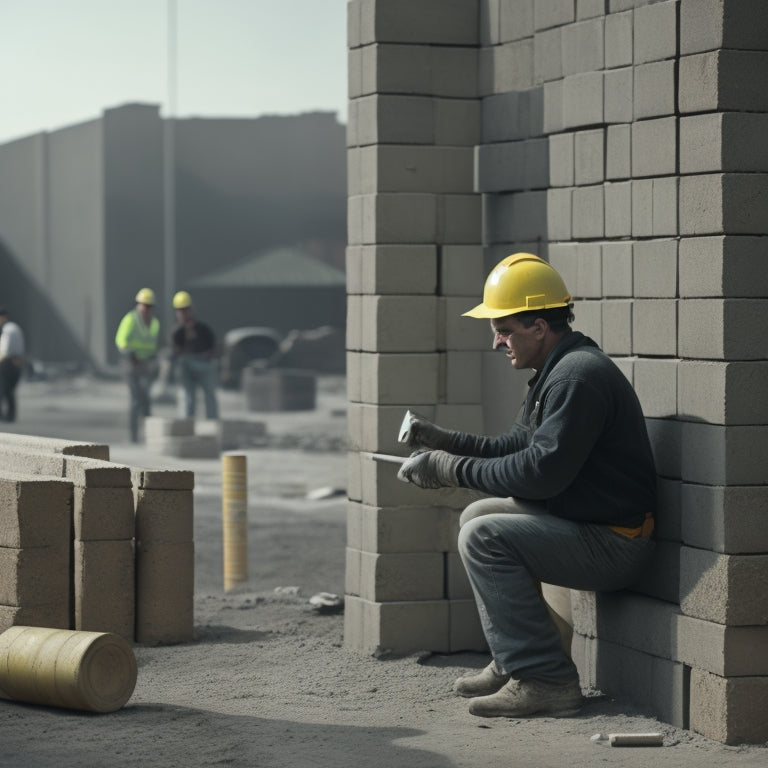 An image of a construction site with a mason using a spirit level, a tamping tool, and a joint spacers, surrounded by stacks of concrete blocks and a partially built wall in the background.