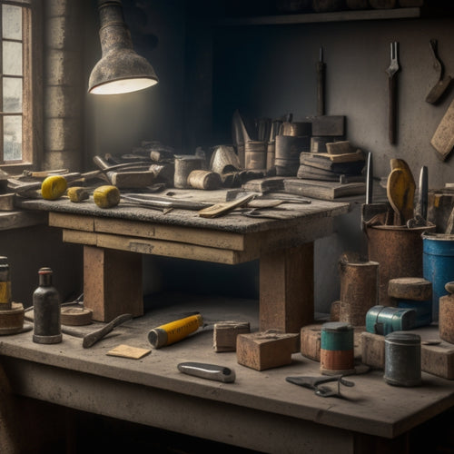 A cluttered workbench with various hand tools scattered around a pile of concrete blocks, with a hammer, trowel, and level prominently displayed and well-worn from use.