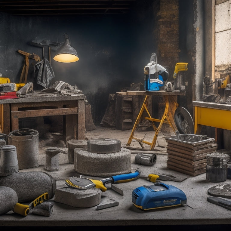 A cluttered workshop background with a variety of concrete cutting tools laid out, including a circular saw, masonry blade, diamond blade, concrete cutter, and a chisel set, surrounded by concrete blocks and dust.