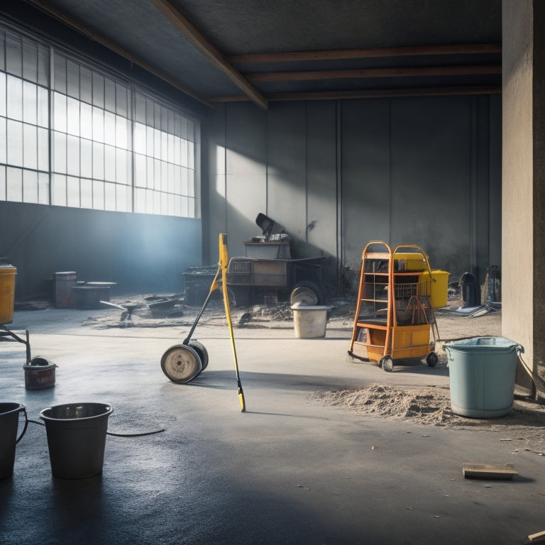 A cluttered construction site with dirty concrete floors, surrounded by scattered tools, with a faint outline of a sparkling clean floor in the background, and a bucket, mop, and pressure washer in the foreground.